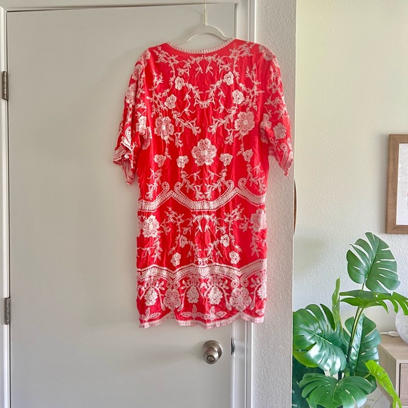 Solitaire Tunic Top Wrap Coral Pink White Embroidered Bohemian Boho Chic Coverup - Picture 2 of 7